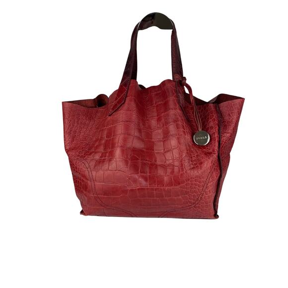FURLA Red Croc Embossed Leather Handbag with Silver Hardware - Picture 1 of 8